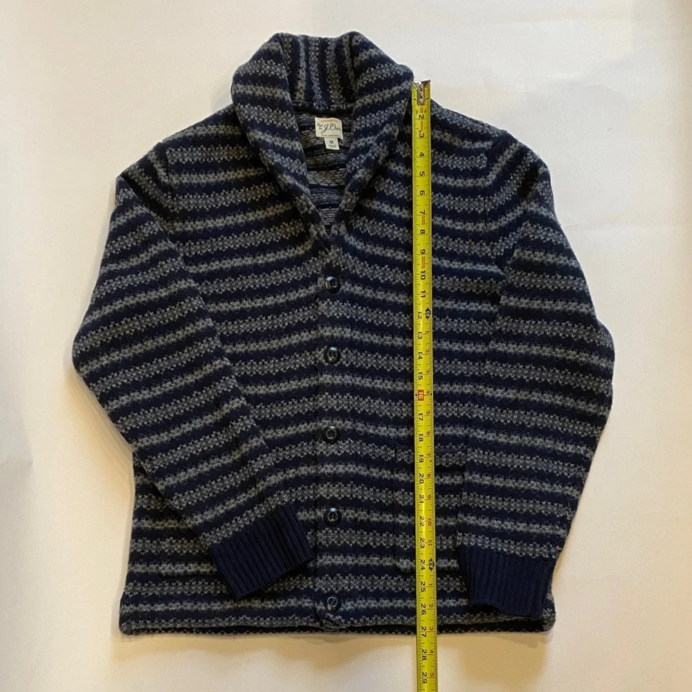 J. Crew Fair Isle lambswool navy and gray striped cardigan